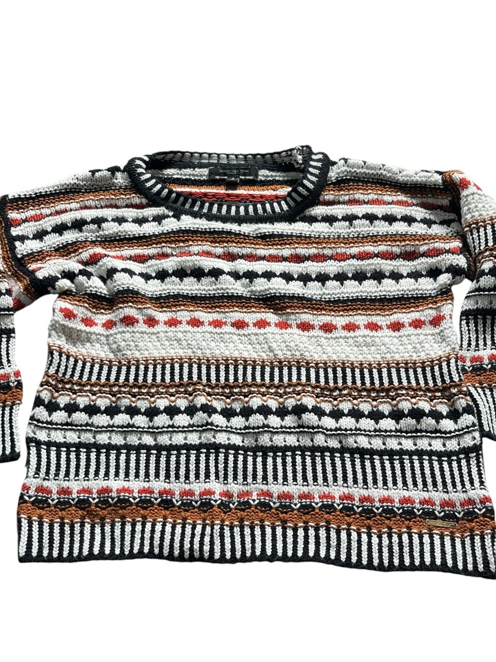 Marc New York Womens Striped Textured Knit Sweater Black White Rust Size Medium